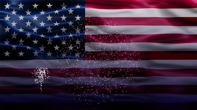 America flag waving animation with fireworks for patriotic independence day celebrations