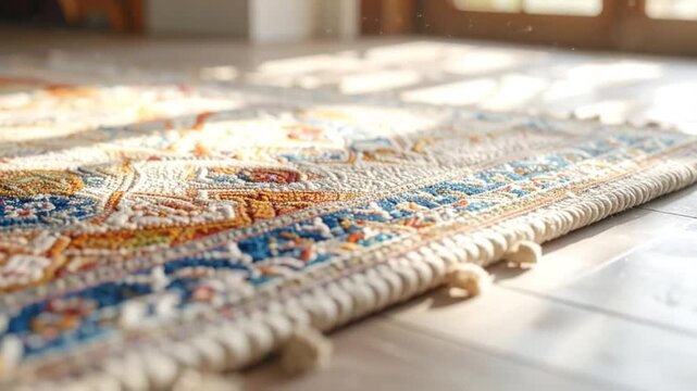 A colorful patterned rug on a tiled floor with sunlight shining through