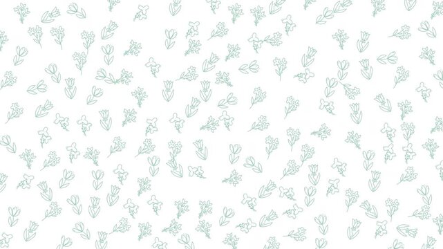 A charming animated pattern featuring delicate green botanical doodles gently moving on a clean white background. Perfect for tranquil digital projects and serene decorative design.