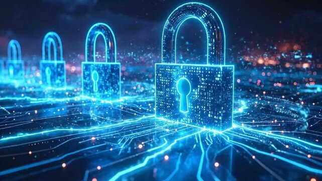 Digital security concept with glowing padlocks and circuit board design
