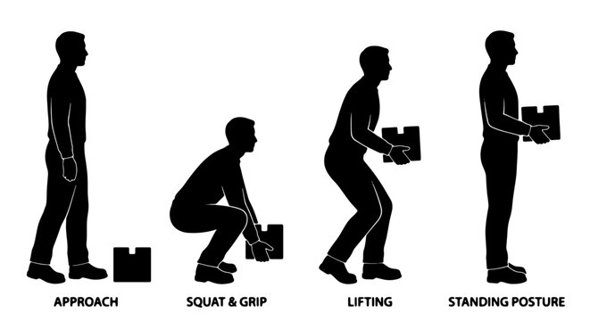 Safe Lifting Techniques, Ergonomic Posture Guide, Manual Handling Steps, Workplace Safety Illustration