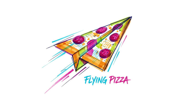 Dynamic flying paper airplane made of pizza slice design on png background art.