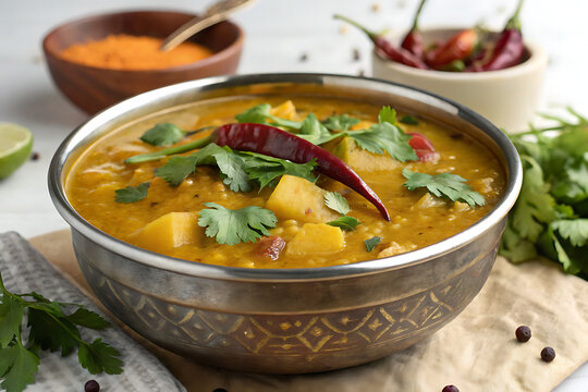 Sambar in traditional steel bowl, authentic presentation