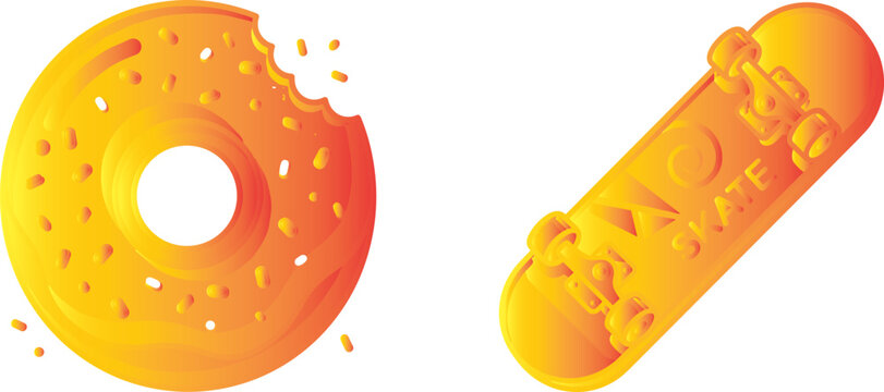 Orange gradient vector illustrations set featuring a bitten donut with sprinkles and a skateboard isolated on white background.