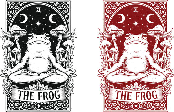 Skeleton Frog Tarot Card Illustration in Gothic Halloween Style with Ornate Border
