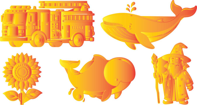 Orange gradient vector illustrations set featuring a fire truck, whale, sunflower, manatee, and wizard character on white background.