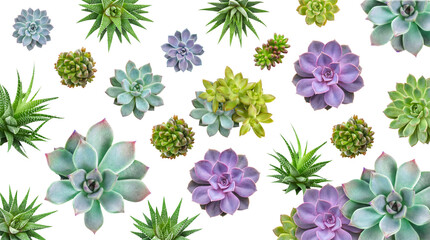 Beautiful array of succulent plants showcasing diverse shapes and vivid colors, isolated on transparent background. © Kayleigh