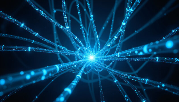 Makroaufnahme eines intensiv leuchtenden blauen Lichts, das aus einem dichten B&uuml;ndel d&uuml;nner, technologischer Dr&auml;hte und Glasfaserkabeln emittiert wird, abstraktes High-Tech-Design