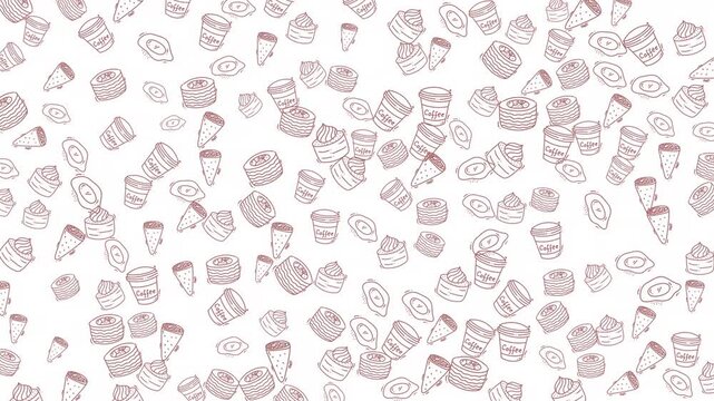 A delightful seamless looping animated background featuring hand-drawn style brown outline icons of coffee cups, ice cream cones, and various pastries on a clean white backdrop. Perfect for cafe