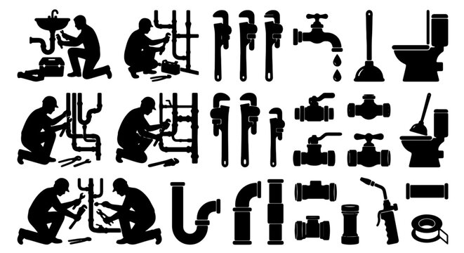 Plumbing Icons Set, Silhouette Vector Graphics of Tools and Fixtures, Professional Service and Maintenance Elements, Black and White Design for Industry and Construction