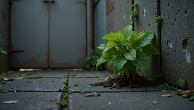 Eine kleine, leuchtend gr&uuml;ne Pflanze, die mutig aus einem schmalen Riss im grauen Beton eines Gehwegs w&auml;chst, ein Symbol f&uuml;r Hoffnung, Widerstandsf&auml;higkeit und das &Uuml;berleben der Natur in der Stadt