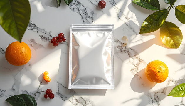 Realistic mock-up of a silver pouch with fresh fruits and green leaves on marble background