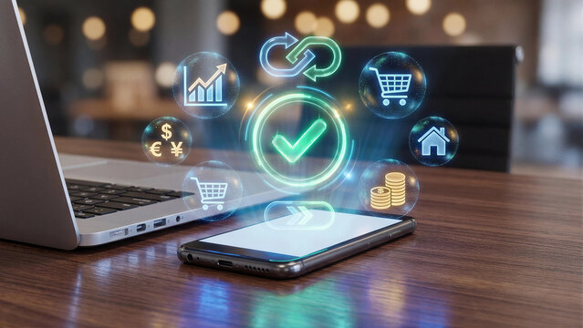Processing Verified Multi-Currency Mobile Payments Across Retail Commerce and Real Estate with Smartphone Concept Dark Green Blue Icons Chart Cart Coins Currency Home Wood Desk