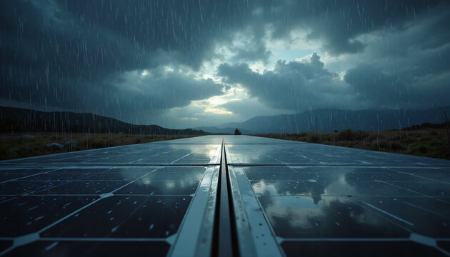 Detailaufnahme eines Photovoltaik-Parks unter einem grauen, bew&ouml;lkten Himmel mit sichtbaren Regentropfen im Vordergrund, Symbol f&uuml;r nachhaltige Energieerzeugung und gr&uuml;ne Technologie