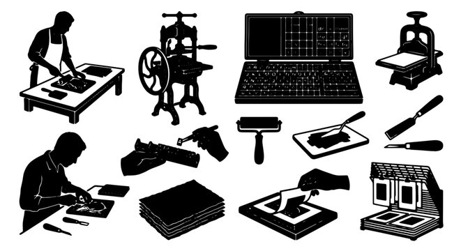 Vintage Printing Press and Engraving Tools Collection, Retro Lithography Equipment Set, Historical Printmaking Craftsmanship Icons