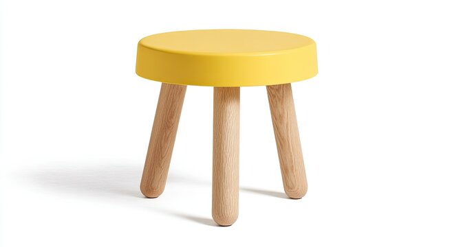 A bright yellow round stool with three wooden legs on a white background.