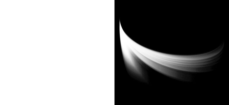 Abstract white light swoosh isolated on black background and transparency grid digital curved motion effect graphic element for modern dynamic composition design flow.