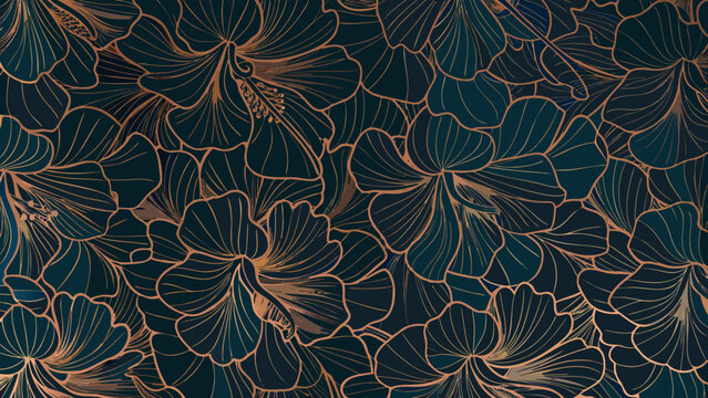 dense floral pattern with intricate gold outlines on dark background flowers design ornament botanical nature artwork vector illustration graphic decorative texture