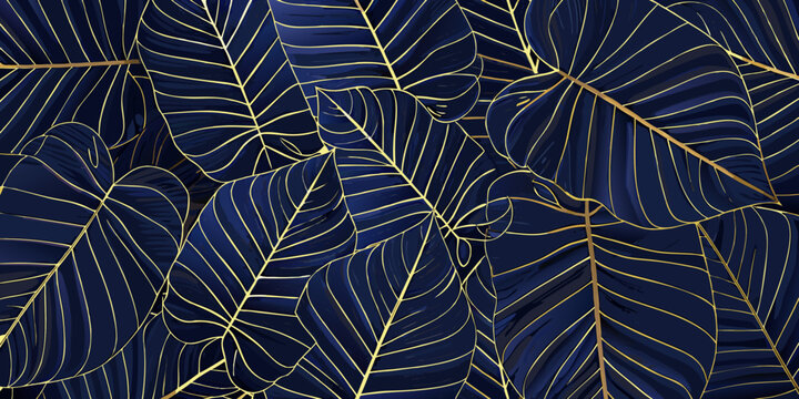 overlapping tropical leaves with gold veins on dark blue background botanical nature leaf pattern exotic floral ornamental vector illustration graphic design