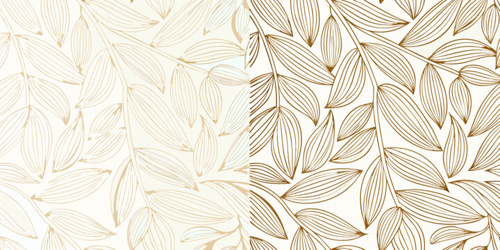 stylized elongated leaves pattern in beige and gold ornament vector design graphic nature botanical decorative background seamless texture artwork illustration modern
