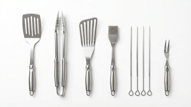 Seafood grilling tool collection, set of stainless steel barbecue tools isolated on white background