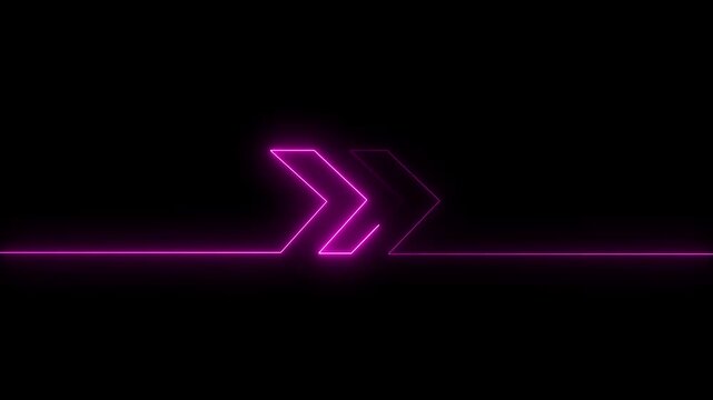 Glowing pink neon double chevron arrow symbols moving forward on black direction