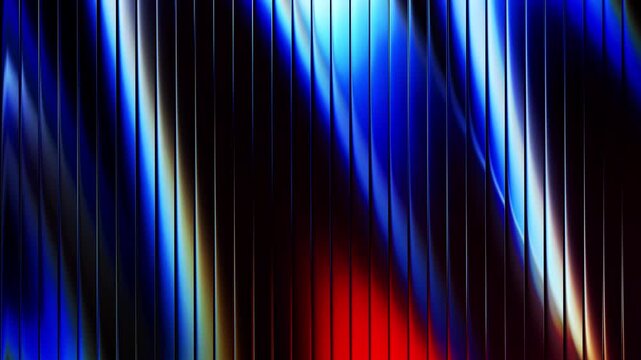 Glowing blue neon light stripes ripple across dark vertical metallic textures in this high definition digital motion animation video clip