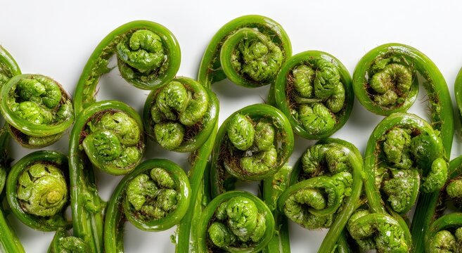 Fresh Green Fiddlehead Ferns Unfurling in a Close-Up Macro Shot.