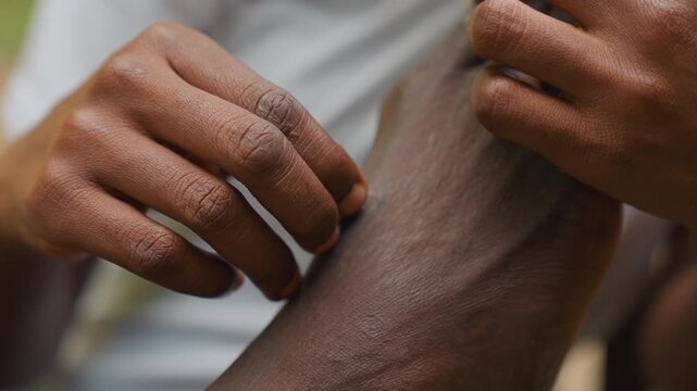 Skinned arm examination. Careful skin inspection during outing. Closeup of skin check during casual outdoor meeting scene. Gentle fingertip examination of forearm texture on casual backyard date