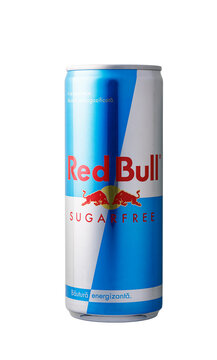 Red bull sugarfree energy drink can isolated