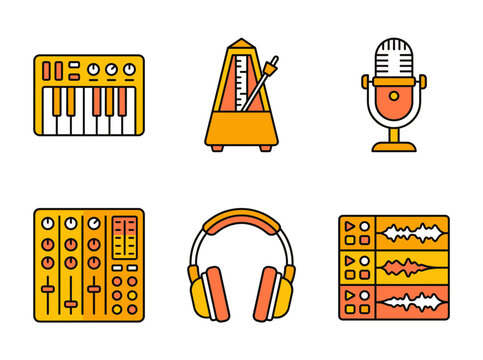 Music production icon set featuring midi keyboard controller metronome retro microphone audio mixer headphones and sound wave graphics