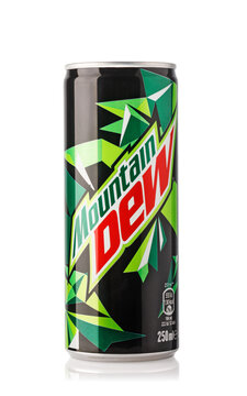 Mountain dew soft drink can on white background