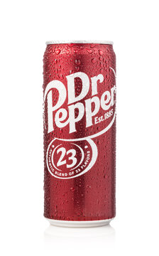 Dr pepper soft drink can showing refreshing condensation