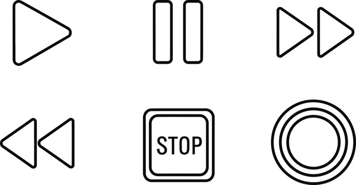 Collection of six black outline for media playback controls: play, pause, fast forward, rewind, stop, and record