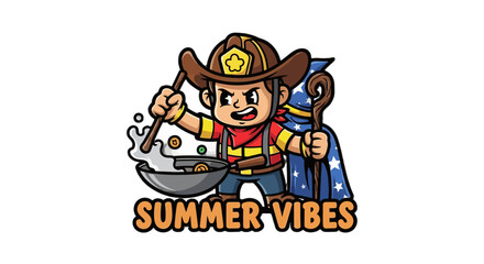 Fototapeta premium Cartoon Cowboy Character Holding Summer Vibes Sign.