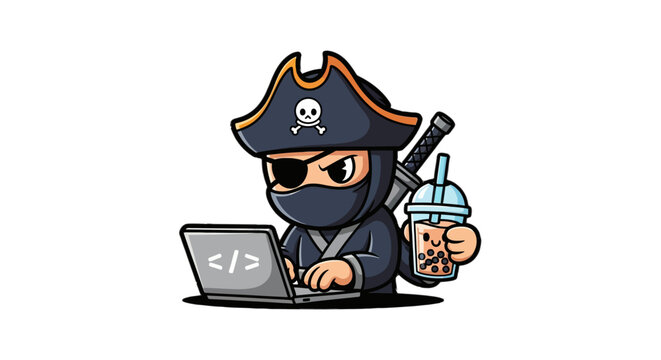 Playful Pirate Hacker Character Using Laptop and Drink.