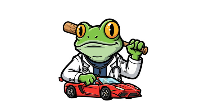Cartoon frog doctor driving a red sports car.