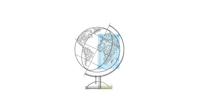 Sketch drawing of world globe with curly noodle patterns on isolated png background.