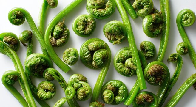 Close-up of Fresh Green Fiddlehead Ferns Unfurling on a White Background.