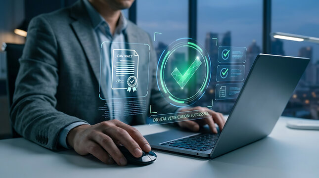 Professional executive using computer mouse and keyboard for digital document verification featuring holographic checkmark and contract icons signifying secure online approval and certification.