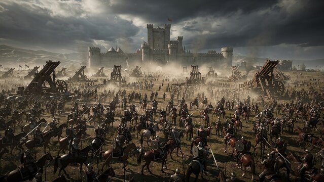 Medieval battle siege, trebuchets assaulting castle, vast army, cavalry, and infantry soldiers in an epic historical war scene.