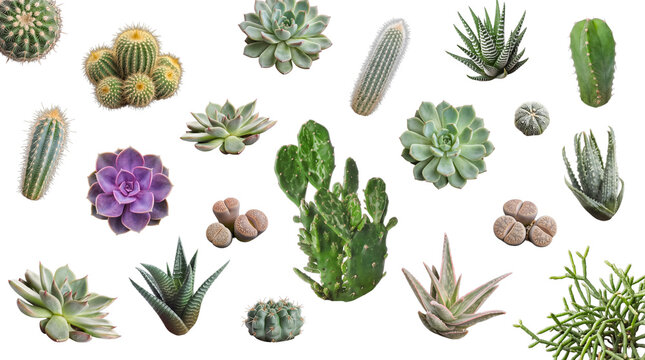 Diverse collection of succulents and cacti showcasing various forms, perfect for botanical themes and digital projects.