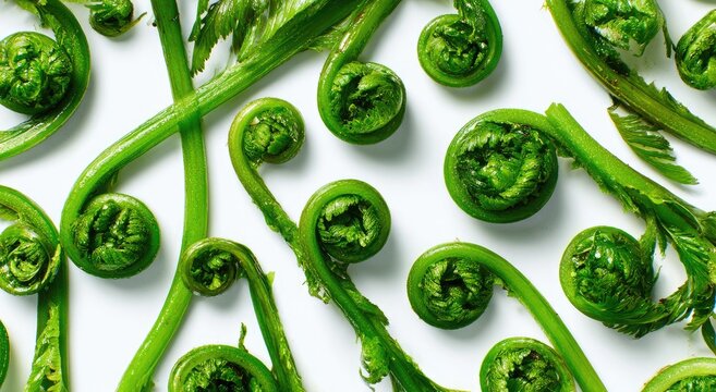 Close-up of vibrant green fiddleheads unfurling on a white background.