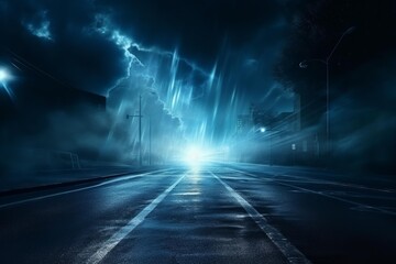 Obraz premium Empty street appearing in a mystical urban environment with vivid blue light rays