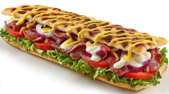 Delicious Long Sandwich Loaded with Fresh Ingredients and Drizzled with Mustard.