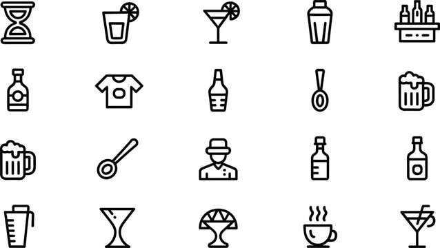 Drinks and Beverages Icon Set Including Cocktails Beer Coffee Soda Juice Wine Glass Bottle and Bar Line Symbols