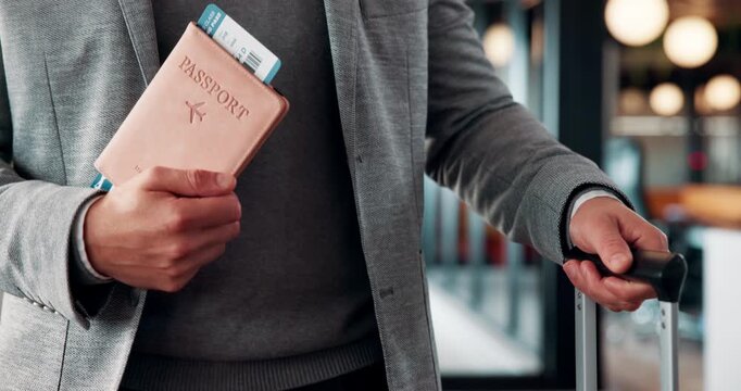 Business, hands or man at airport with passport, entry record or boarding pass for corporate trip. Travel, legal credentials or person with suitcase, employee permit or identity document for flight.