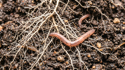 Fototapeta premium Living earthworm on fertile ground with organic plant root structures