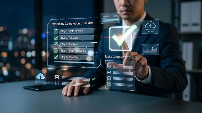 Professional businessman hand selecting blue glowing checkmark symbol on futuristic digital virtual interface for task completion checklist management quality control and workflow productivity