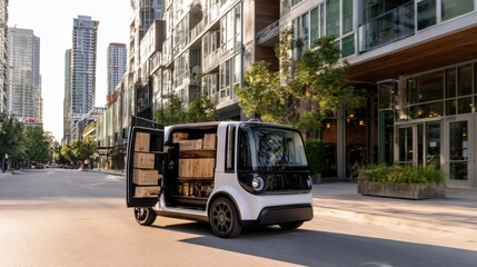 Obraz premium Autonomous electric cargo van delivering goods in urban district, focusing on future logistics and smart city transport